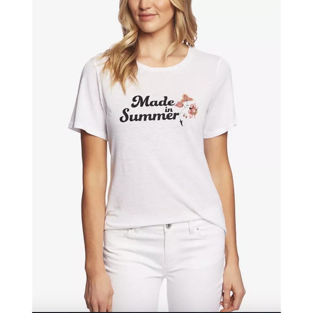 CeCe Crew-Neck Graphic T-Shirt Size XS White Made in Summer